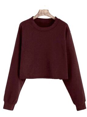 Cropped Crewneck Sweatshirt – Cutoff Hem Maroon Burgundy Athleisure
